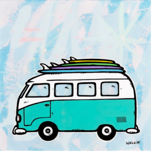 A surf-themed scene with a surfboard and wave elements — aluminum reproduction by Maui artist Welzie