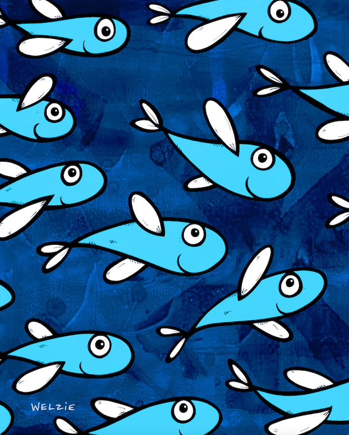 A group of characters swimming together as a team — aluminum reproduction by Maui artist Welzie