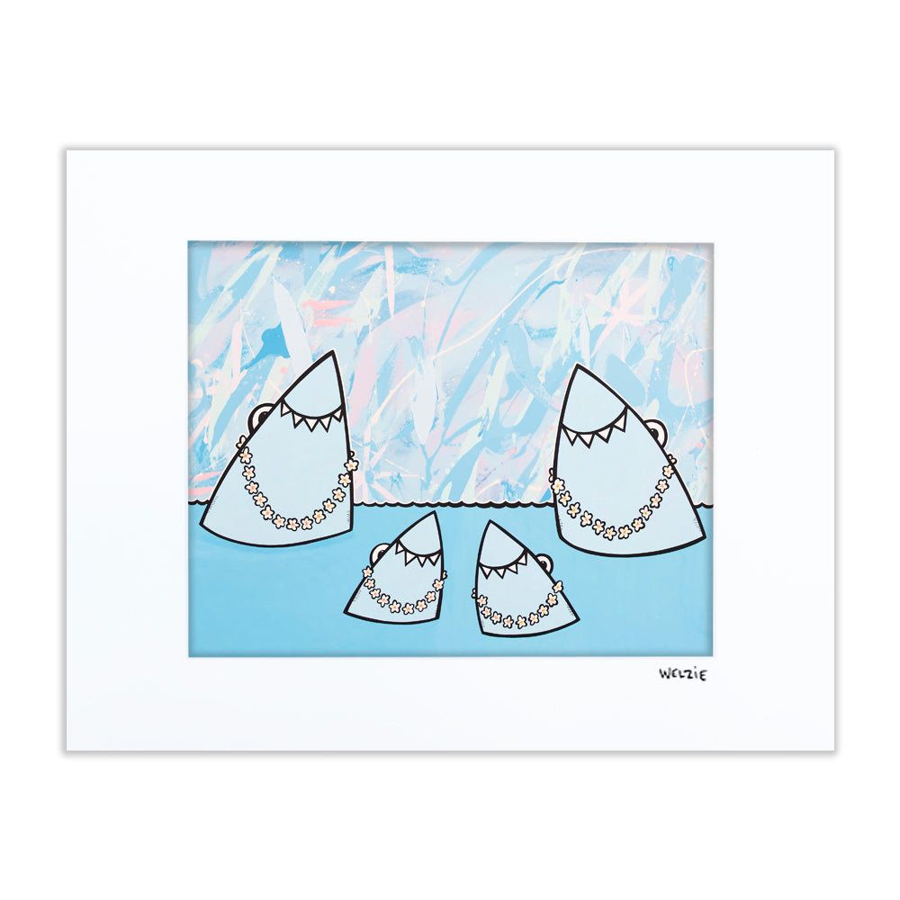 Playful shark characters striking a pose for the camera, bright and fun — matted fine art print by Maui artist Welzie
