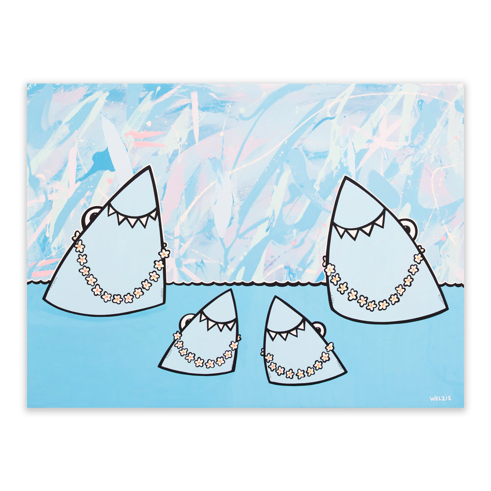 A square art print featuring whimsical cartoon shark-like figures wearing floral necklaces, set against a light blue and pink abstract painted background. The print is shown centered on a white background.