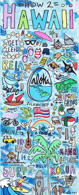 A wide illustrated scene tied to the resort's scavenger hunt theme, colorful icons throughout — aluminum reproduction by Maui artist Welzie