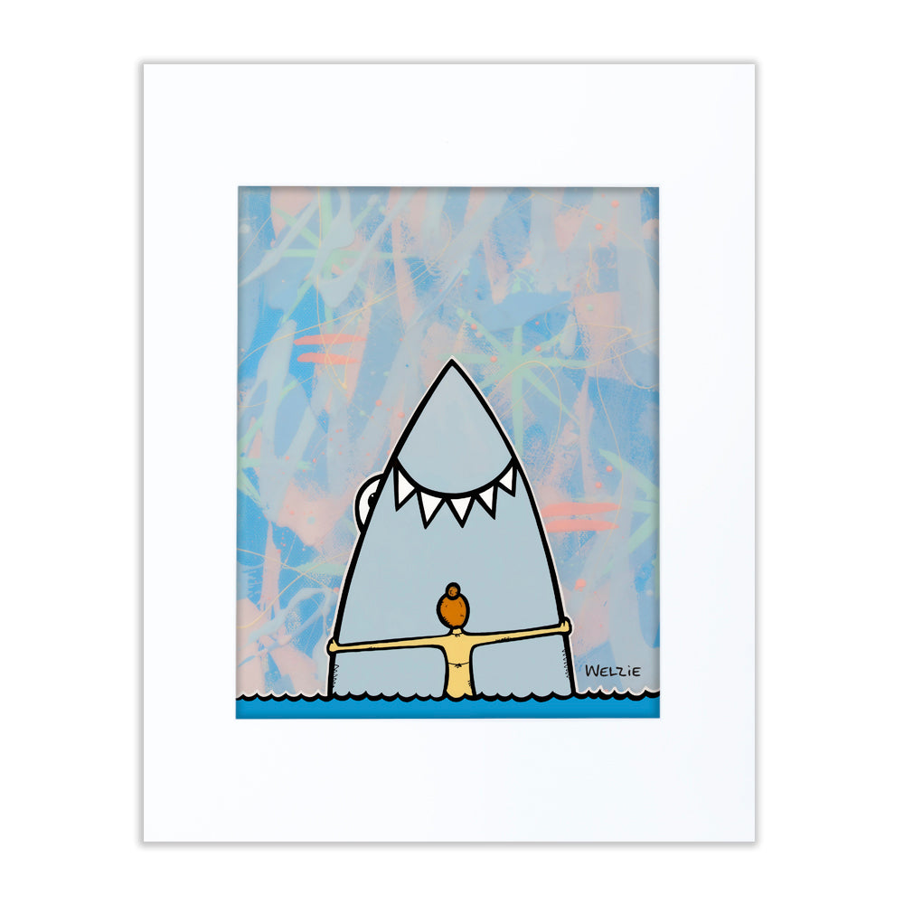 A shark and a blonde-haired character sharing a friendly hug — matted fine art print by Maui artist Welzie