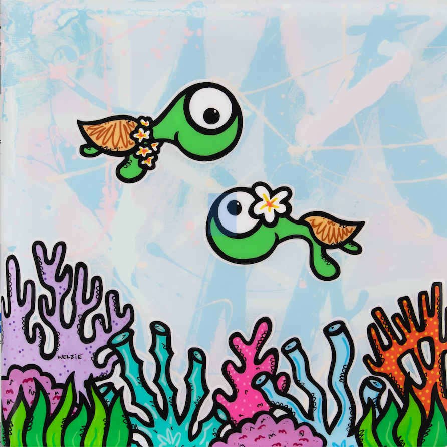 Playful sea creatures swimming together in a colorful reef scene — aluminum reproduction by Maui artist Welzie