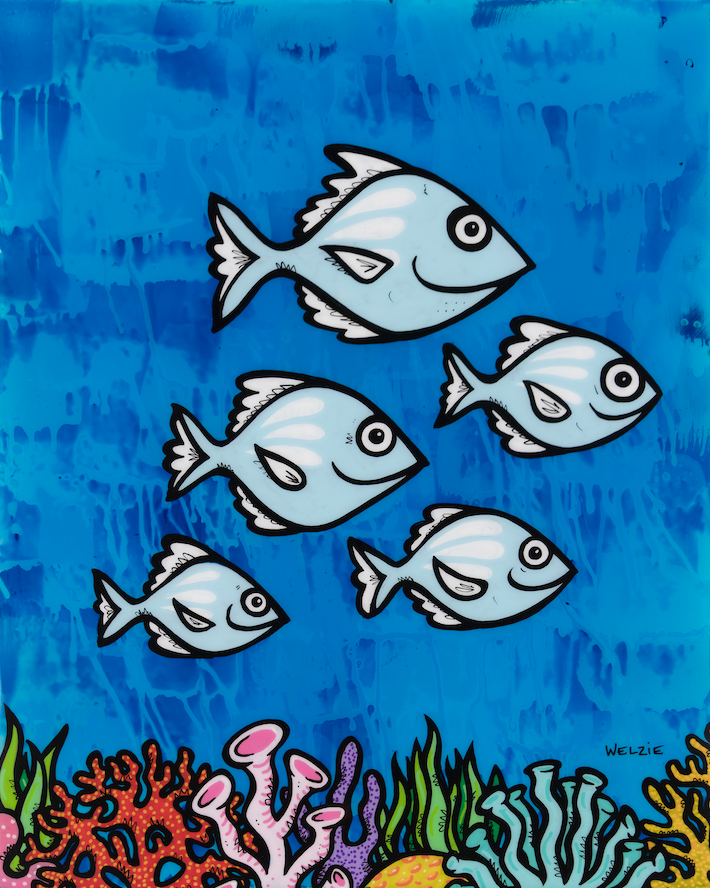 A lively underwater playground scene filled with colorful sea creatures — aluminum reproduction by Maui artist Welzie