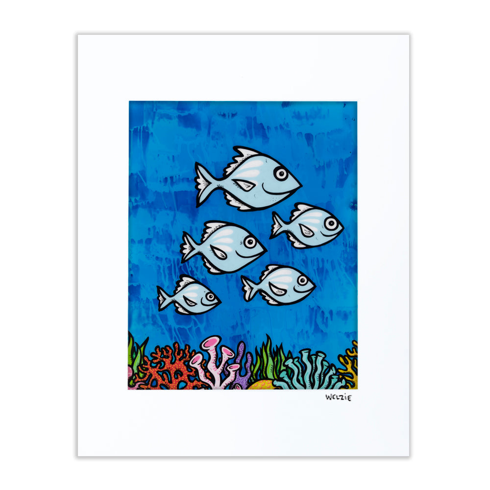 A lively underwater playground scene filled with colorful sea creatures — matted fine art print by Maui artist Welzie