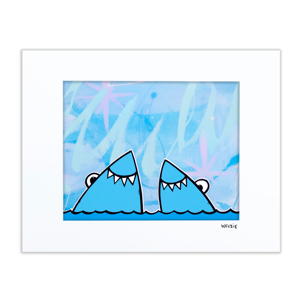 Two shark characters paired together in a playful date scene — matted fine art print by Maui artist Welzie