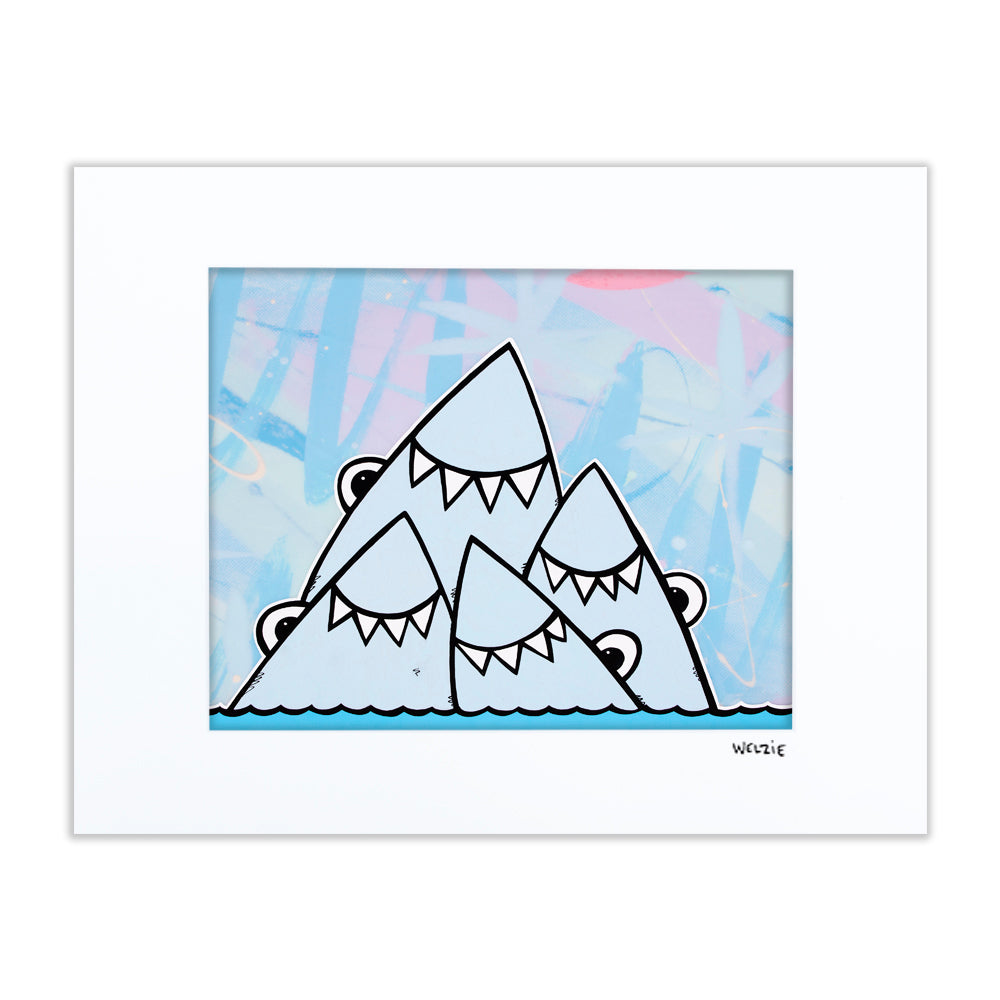 A family group of sharks posed together in portrait style — matted fine art print by Maui artist Welzie