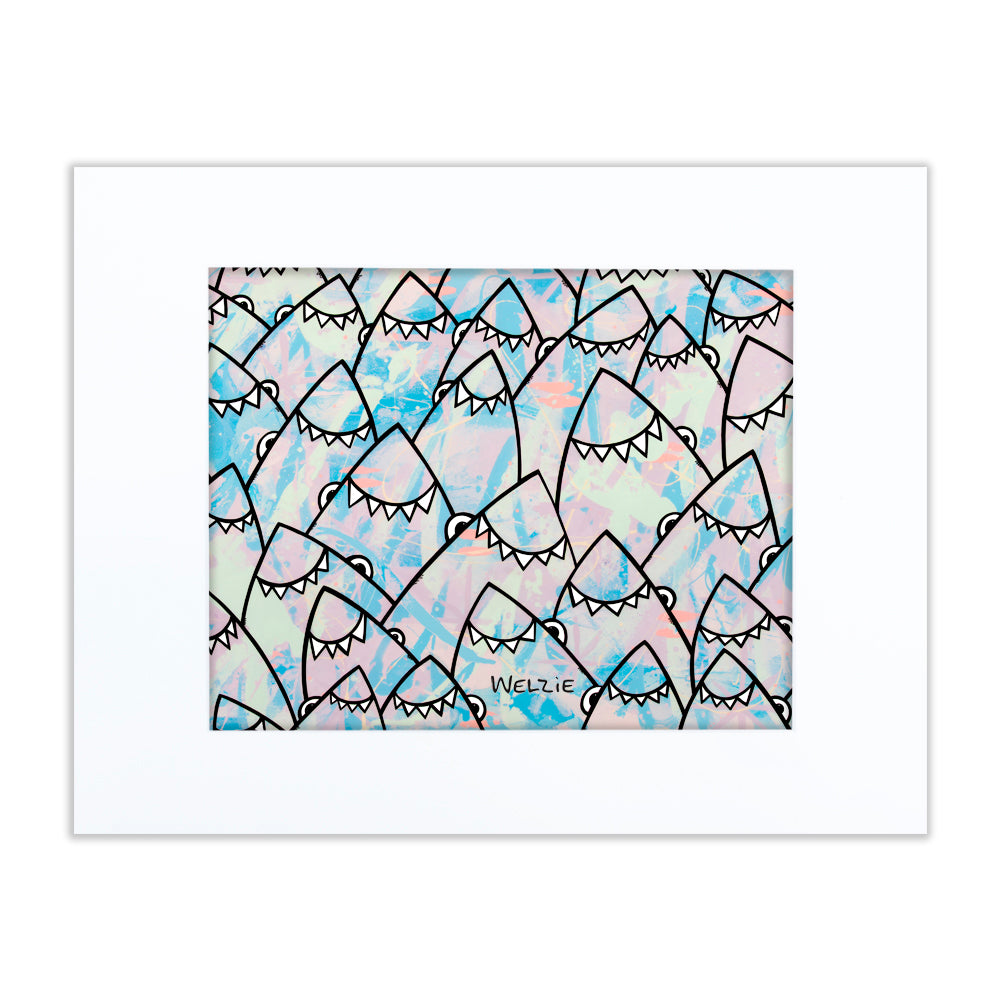 A large-scale, festive gathering of shark characters — matted fine art print by Maui artist Welzie