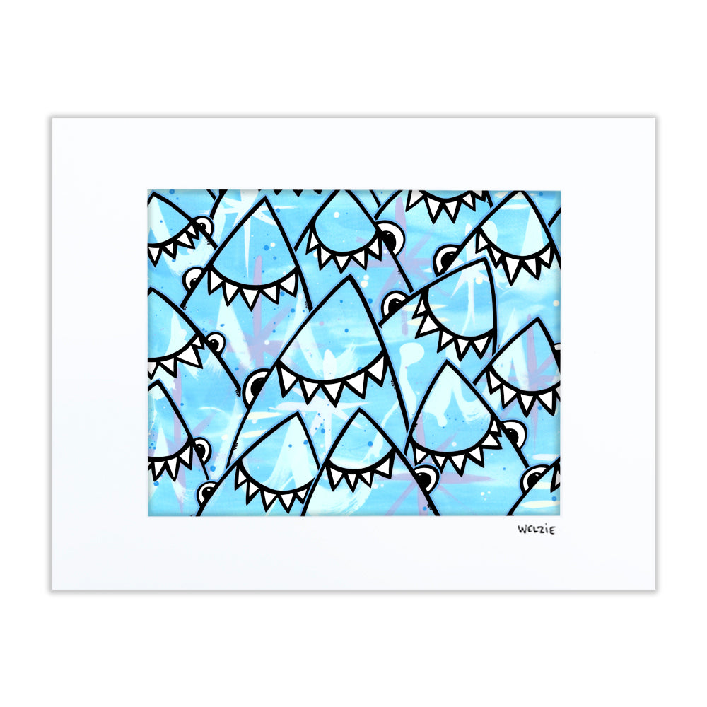 A group of shark characters swimming together — matted fine art print by Maui artist Welzie