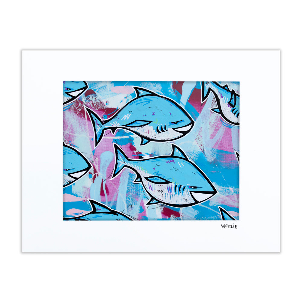 A single playful shark character with a bold outline — matted fine art print by Maui artist Welzie