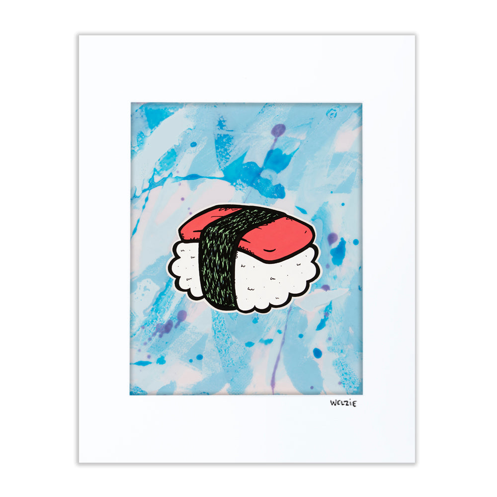 A can of Spam illustrated in bold blue pop-art style — matted fine art print by Maui artist Welzie