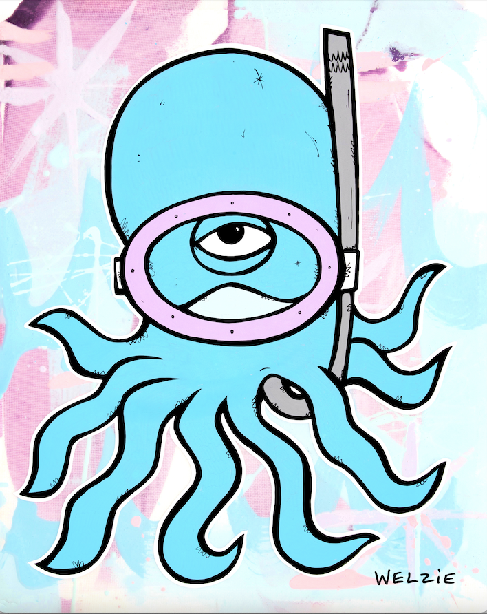 An octopus character wearing a snorkel mask — matted fine art print by Maui artist Welzie