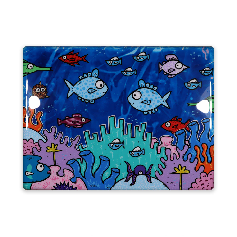 Featuring a colorful cartoon underwater scene with blue, purple, red, and green fish and coral on a blue background.