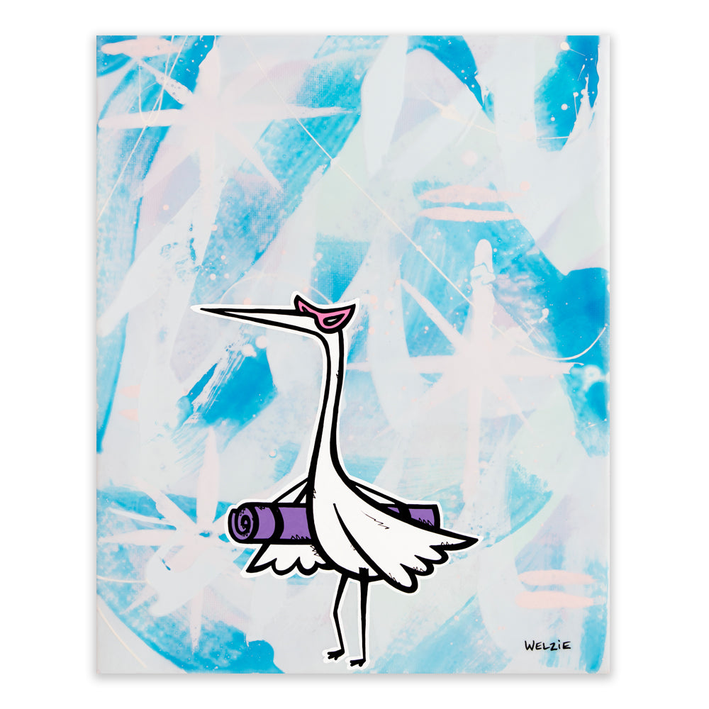 A square art print featuring a stylized white stork carrying a purple yoga mat against a blue and white abstract background with brushstrokes and star-like splashes.