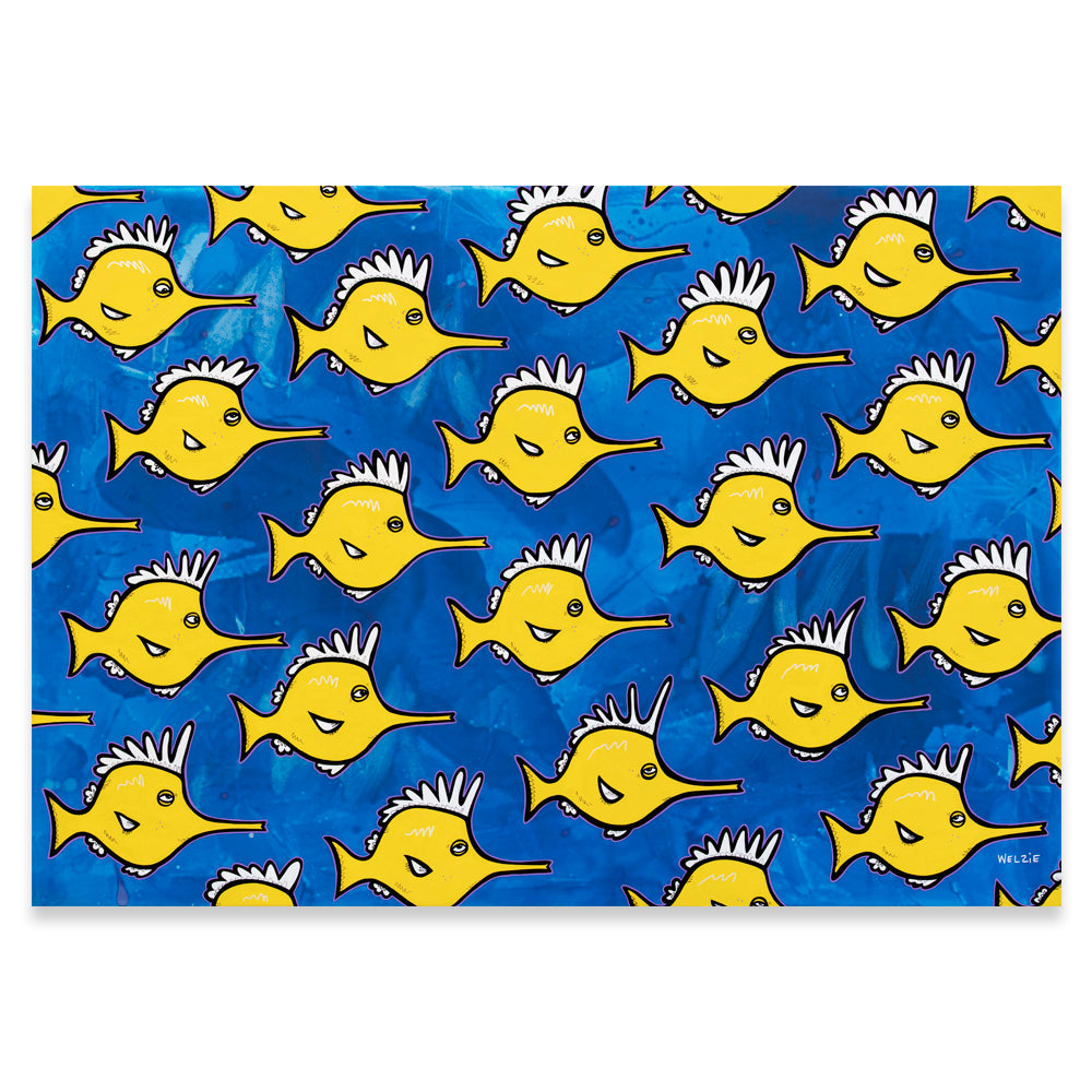 A  blue background art piece featuring a repeating pattern of cartoon yellow swordfish swimming on a textured blue background.