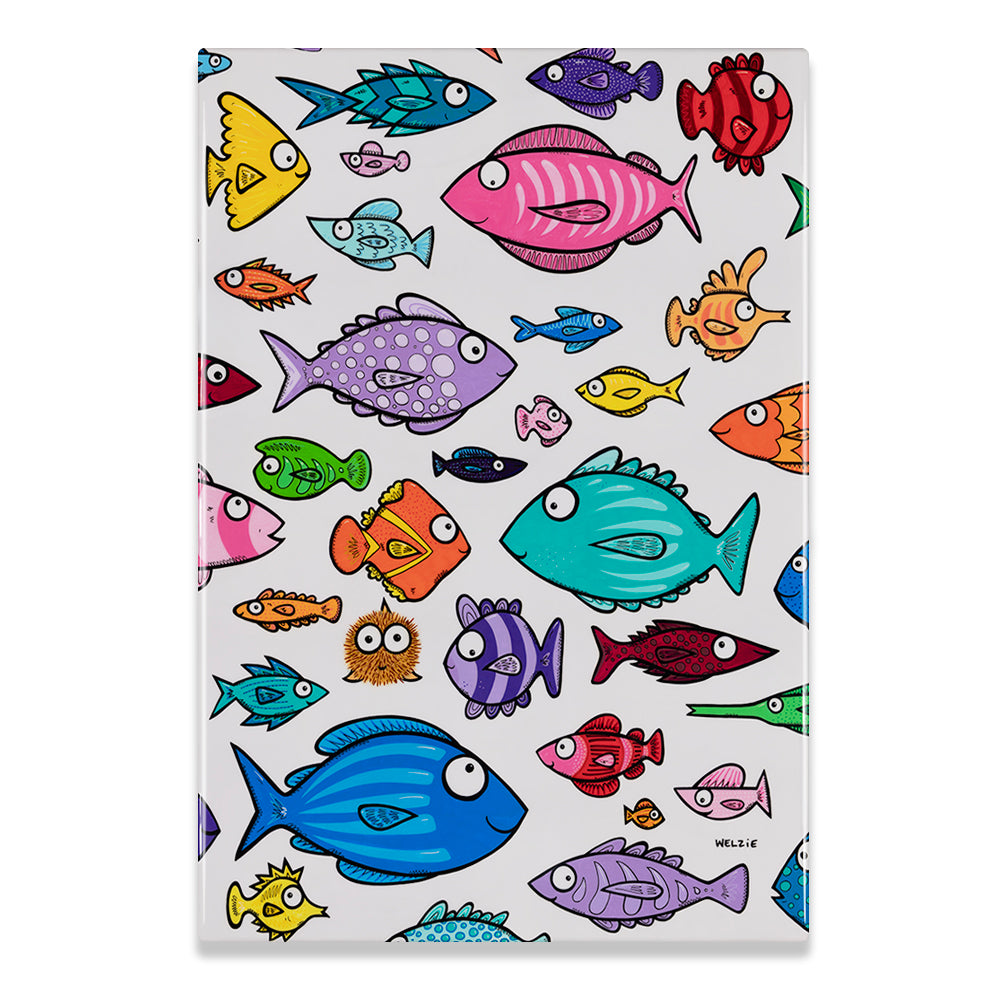 Art with a white background decorated with a colorful cartoon fish pattern, shown against a plain white background.