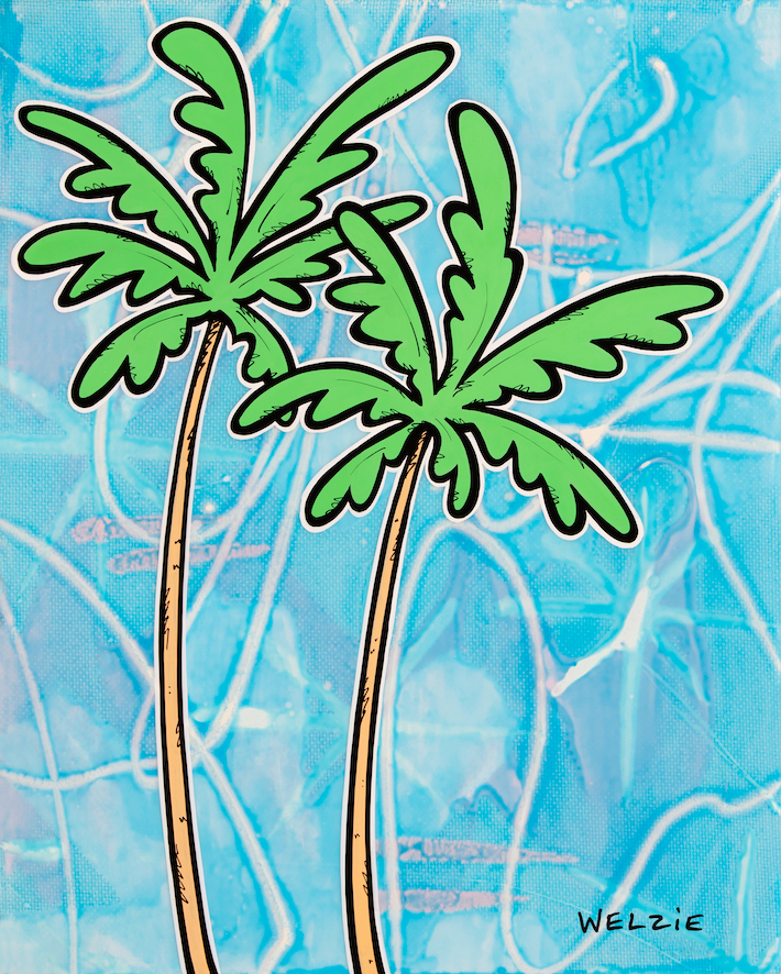 A breezy coastal scene with palm trees bending in the wind — aluminum reproduction by Maui artist Welzie