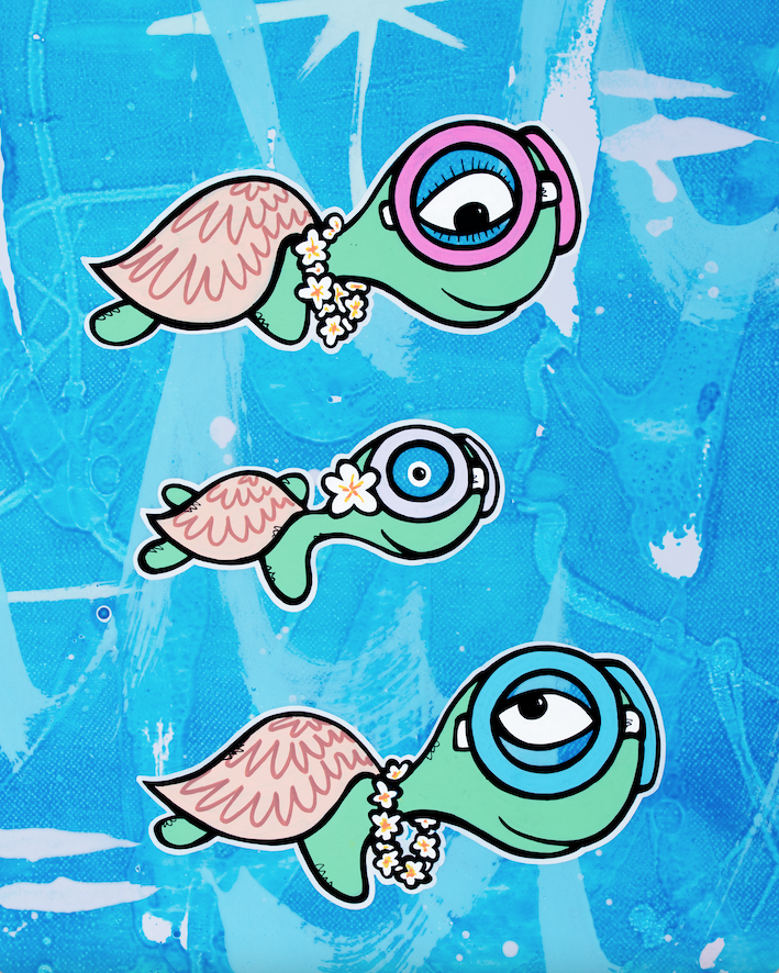 A family of turtle characters wearing flower leis — aluminum reproduction by Maui artist Welzie