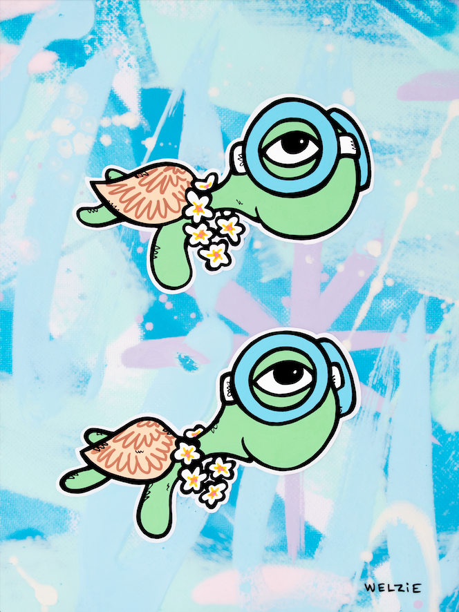 Two turtle characters swimming together with bold energy — aluminum reproduction by Maui artist Welzie