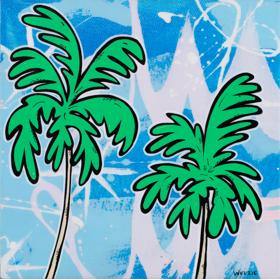 Two palm trees standing side by side against a bright background — aluminum reproduction by Maui artist Welzie
