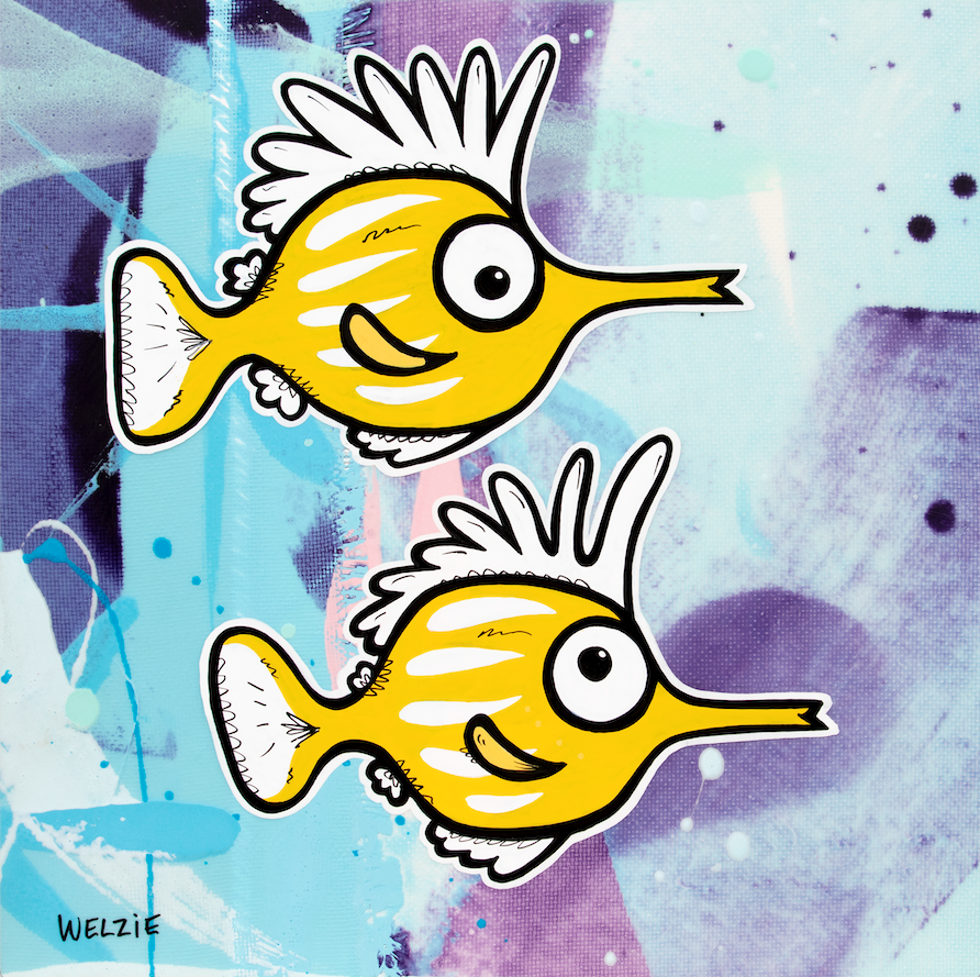 Two tang fish swimming together in bright blue and yellow — aluminum reproduction by Maui artist Welzie