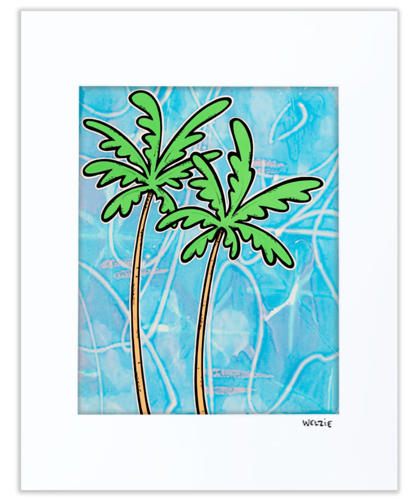 A matted art print featuring a stylized illustration of two green palm trees with brown trunks against a bright blue textured background. The print is presented with a wide white mat board border.