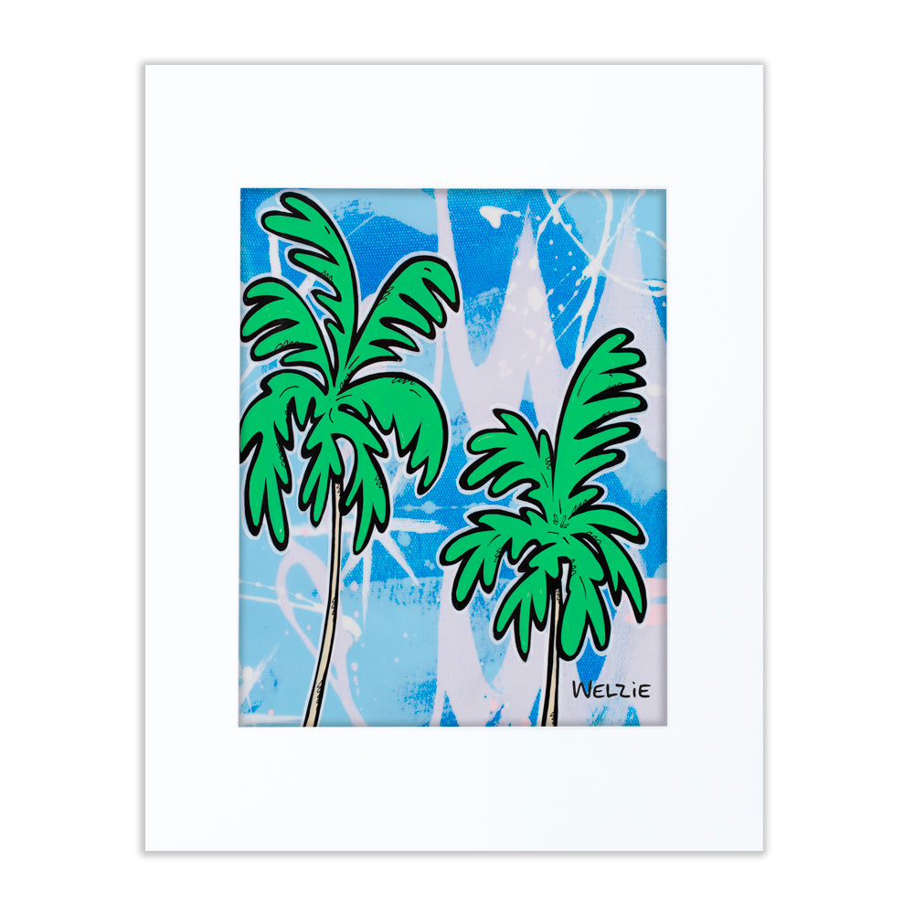 Two palm trees standing side by side against a bright background — matted fine art print by Maui artist Welzie