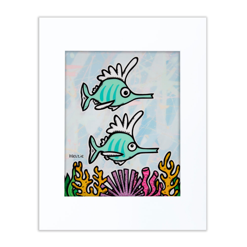 Two fish swimming together over a colorful coral reef — matted fine art print by Maui artist Welzie