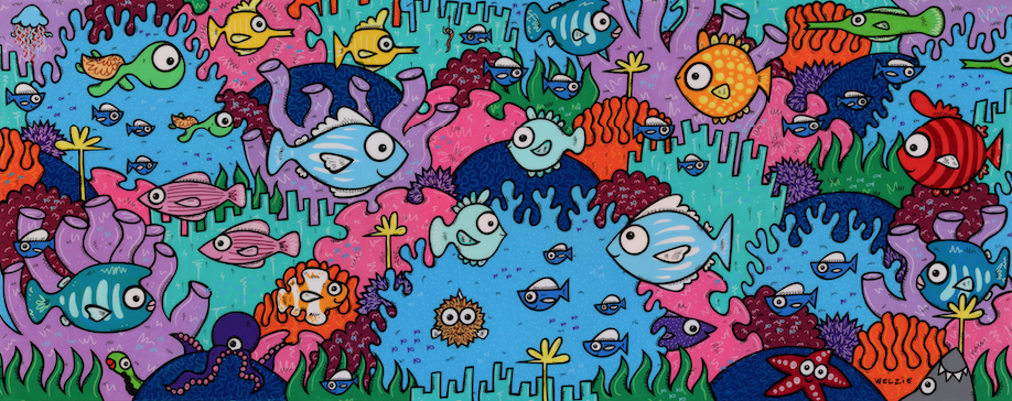 A richly detailed underwater scene filled with diverse sea creatures — aluminum reproduction by Maui artist Welzie
