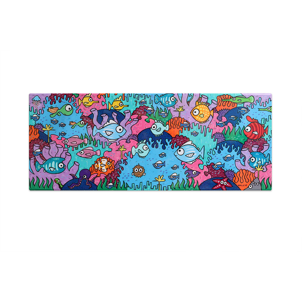 rectangular art featuring a colorful cartoon underwater scene with fish, sea plants, and sea creatures on a light blue background.