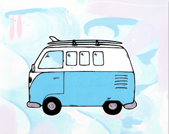 A vintage VW van illustrated in a bright, playful travel scene — aluminum reproduction by Maui artist Welzie
