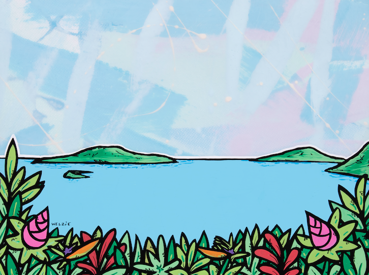 A coastal Wailea scene with palm trees, ocean, and mountains — aluminum reproduction by Maui artist Welzie
