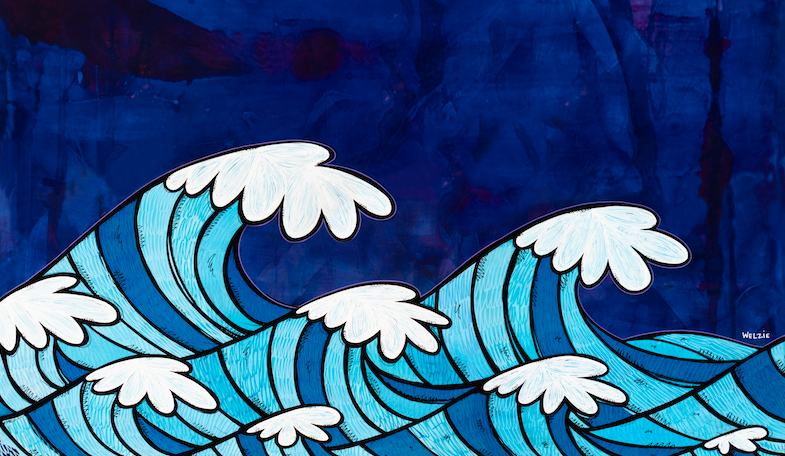 Layered ocean waves rendered in bold blue graphic style — aluminum reproduction by Maui artist Welzie