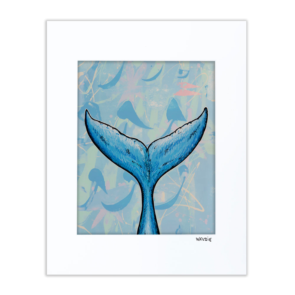 A blue whale tail diving into abstract turquoise water — matted fine art print by Maui artist Welzie